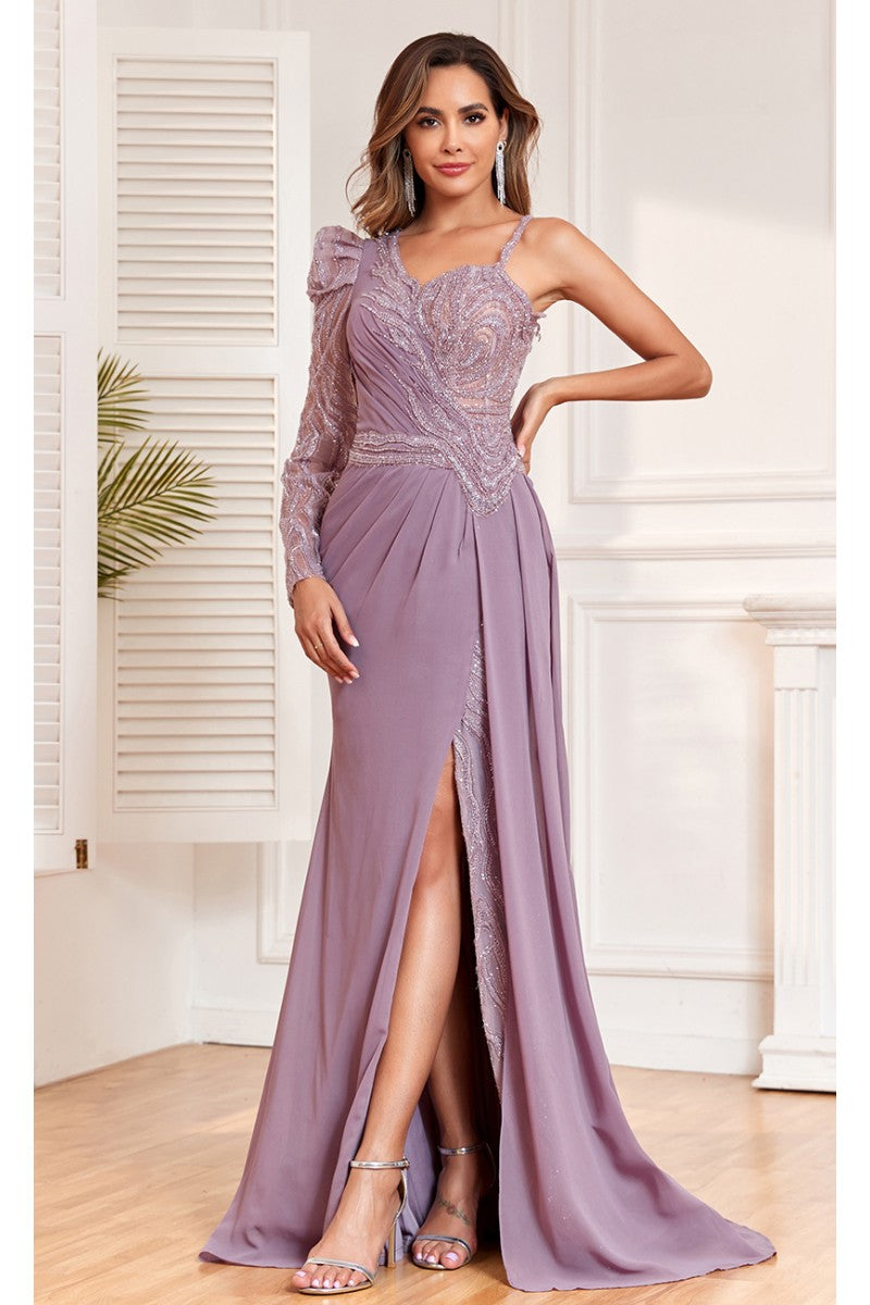 Formal Dresses Fitted Slit Formal Long Evening Beaded Dress Purple