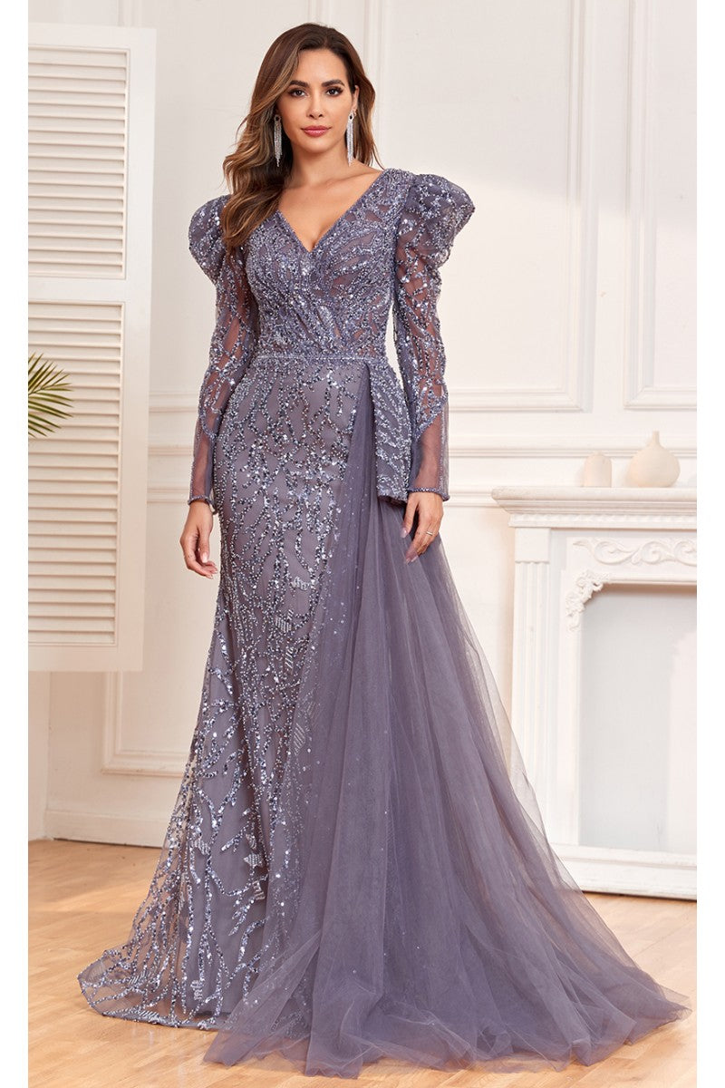 Formal Dresses Fitted Long Evening Lace Sequin Dress Plum
