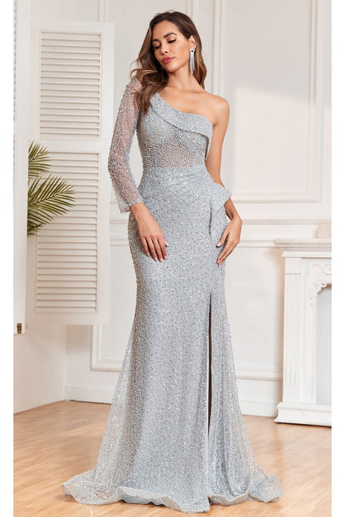 High Couture NR2325 Long Slit Formal Beaded Sequin Evening Dress