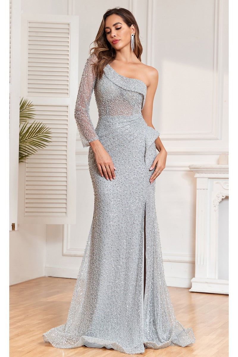 High Couture NR2325 Long Slit Formal Beaded Sequin Evening Dress