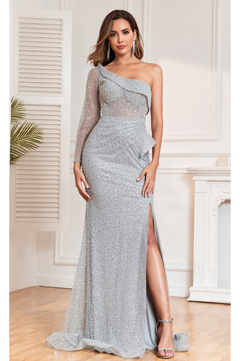 Formal Dresses Long Slit Formal Beaded Sequin Evening Dress Gray