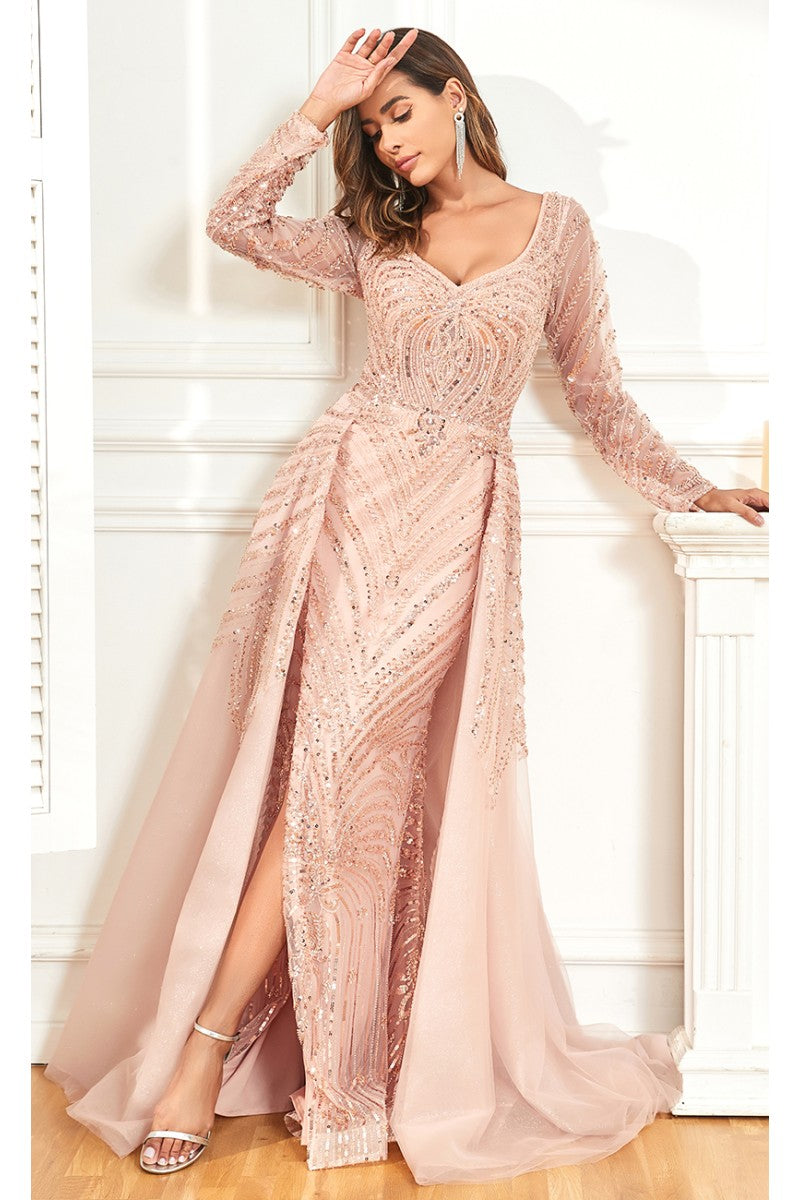 High Couture NR2328 Long Formal Slit Beaded Evening Overskirt Dress