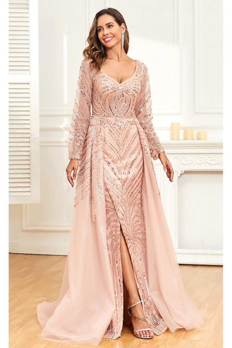Formal Dresses Long Formal Slit Beaded Evening Overskirt Dress Pink
