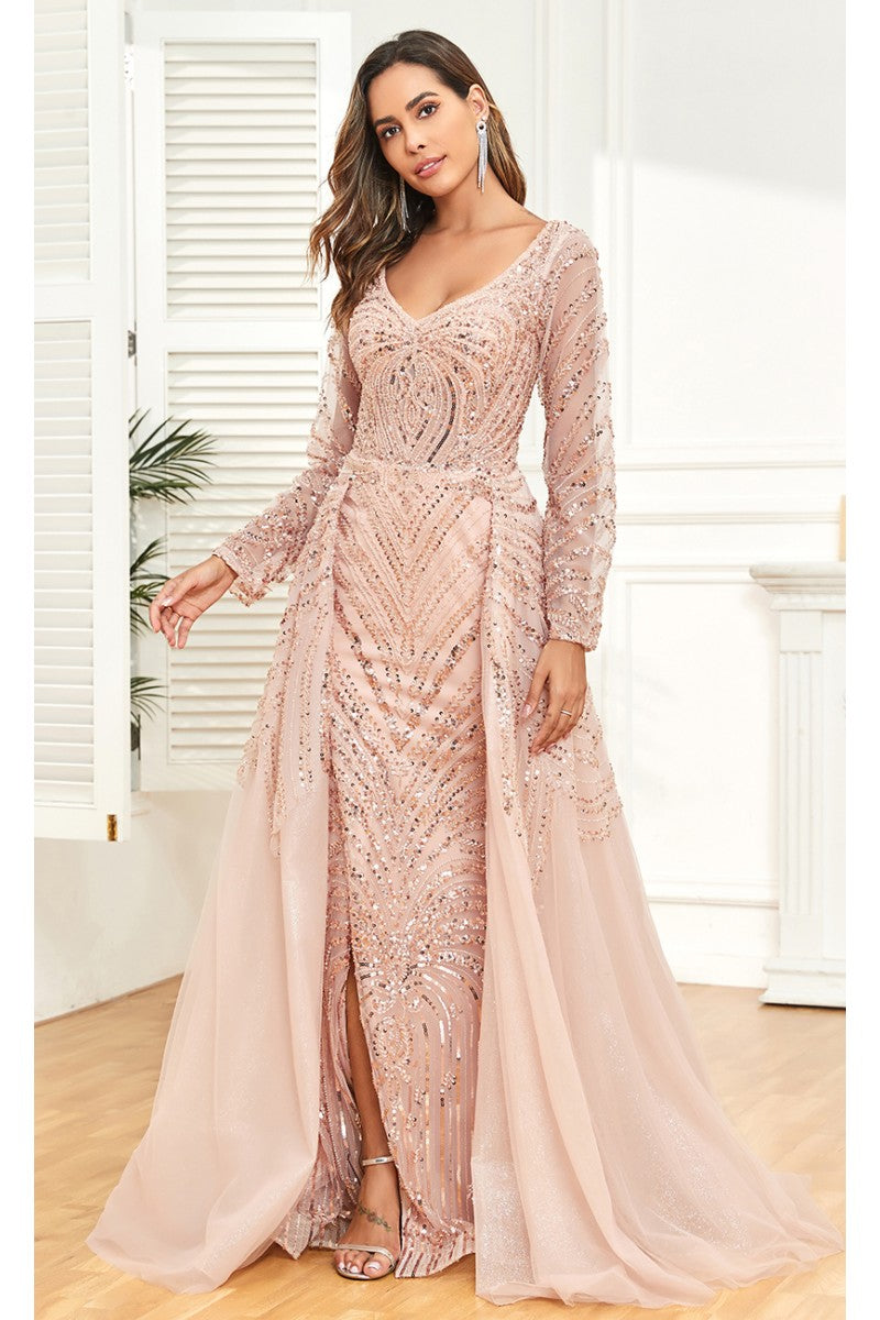 High Couture NR2328 Long Formal Slit Beaded Evening Overskirt Dress