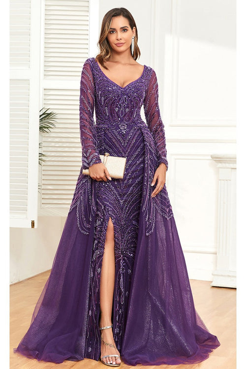 Formal Dresses Long Formal Slit Beaded Evening Overskirt Dress Purple