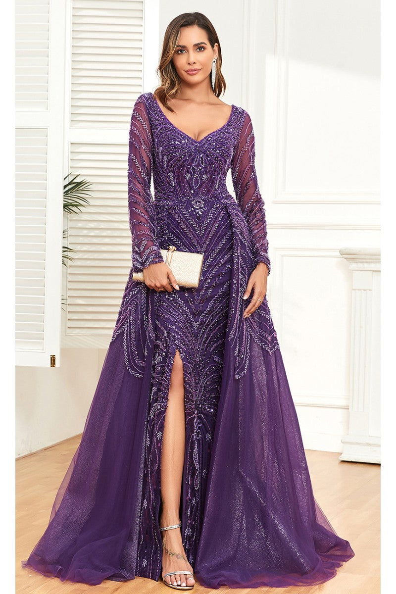Formal Dresses Long Formal Slit Beaded Evening Overskirt Dress Purple