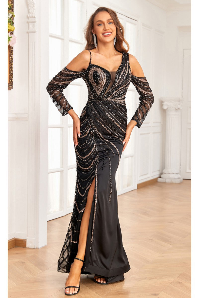 Formal Dresses Beaded Slit Formal Long Evening Mermaid Dress Black