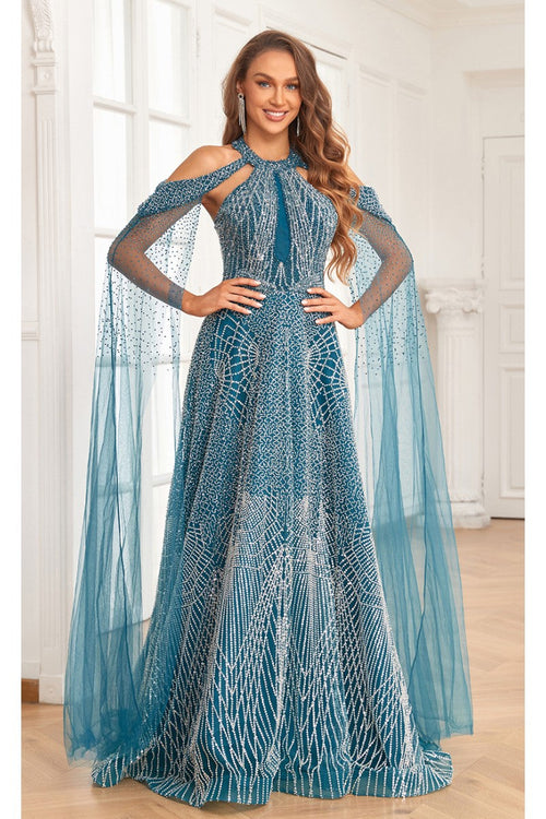 Prom Dresses A Line Ball Gown Long Formal Beaded Prom Dress Turquoise