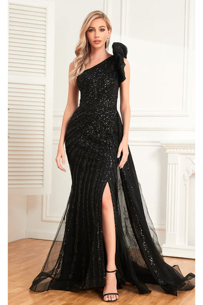 Formal Dresses Beaded Sequin Long Formal Evening Slit Dress Black