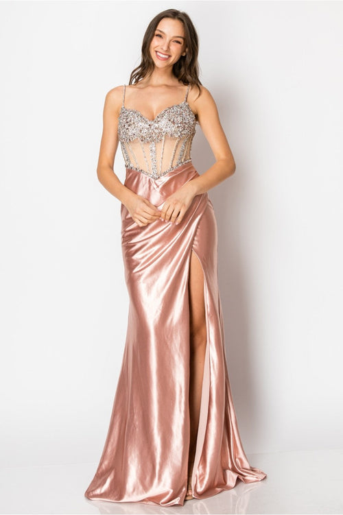 Prom Dresses Fitted Long Formal Slit Evening Dress Rose Gold