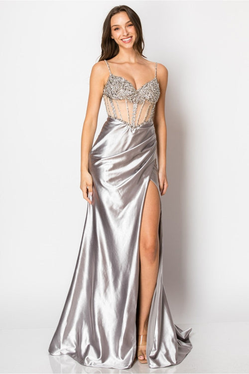 Prom Dresses Fitted Long Formal Slit Evening Dress Silver