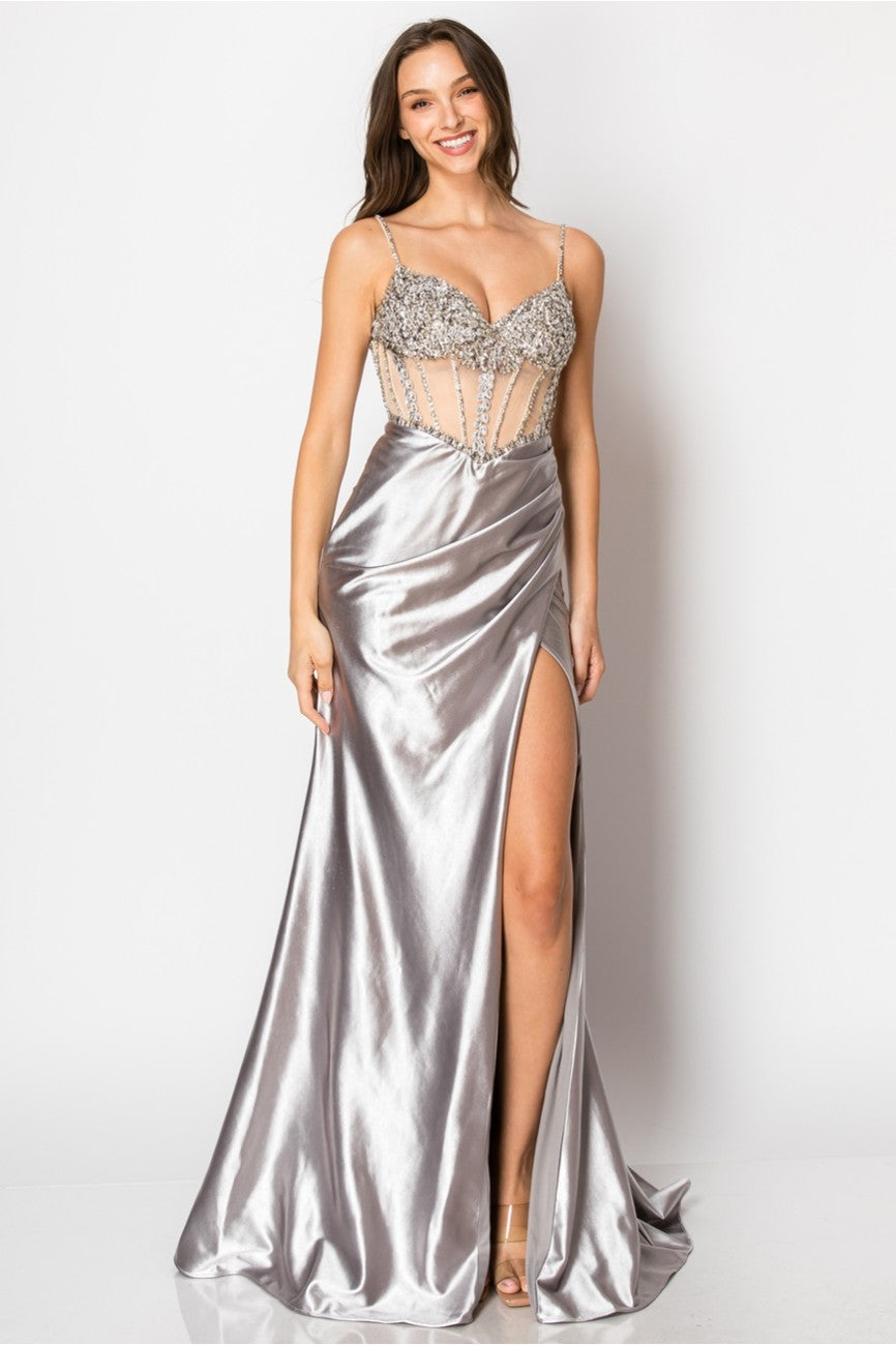 Prom Dresses Fitted Long Formal Slit Evening Dress Silver