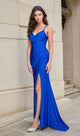 Dancing Queen-Faux-Wrap Long Prom Dress with Cowl V-Neckline
