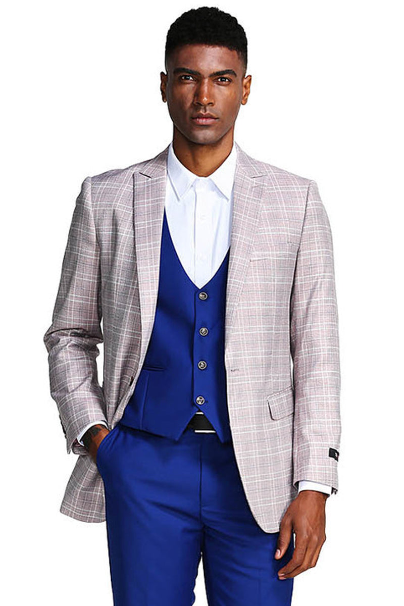 Traje de hombre de un botón con solapa de pico, gris y azul a cuadros Glen con chaleco cruzado