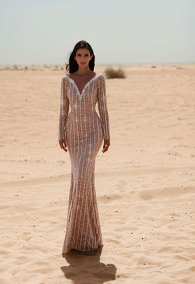 Chic and Holland HF110058 V-Neck Beaded Prom Gown with Open Back