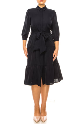 Nicole Miller MD3F1320H Deep Navy 3/4 Sleeve Belted Shirt Dress with Tiered A-Line Skirt