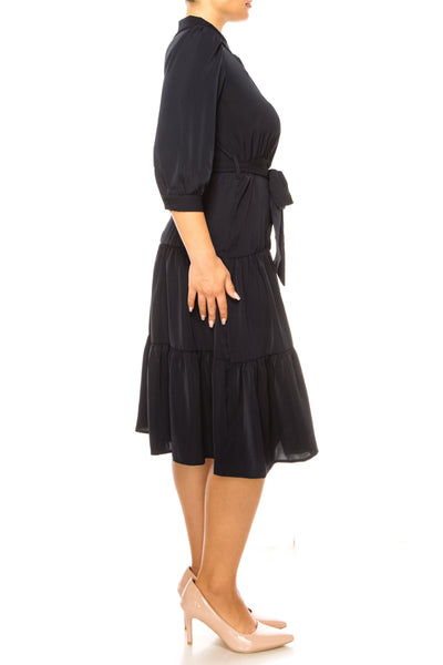 Nicole Miller MD3F1320H Deep Navy 3/4 Sleeve Belted Shirt Dress with Tiered A-Line Skirt