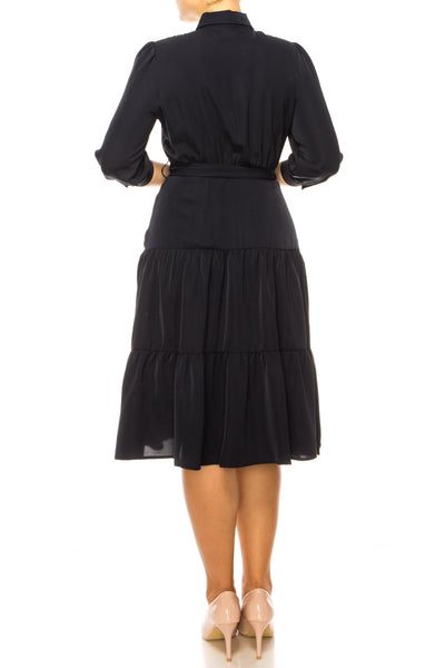 Nicole Miller MD3F1320H Deep Navy 3/4 Sleeve Belted Shirt Dress with Tiered A-Line Skirt