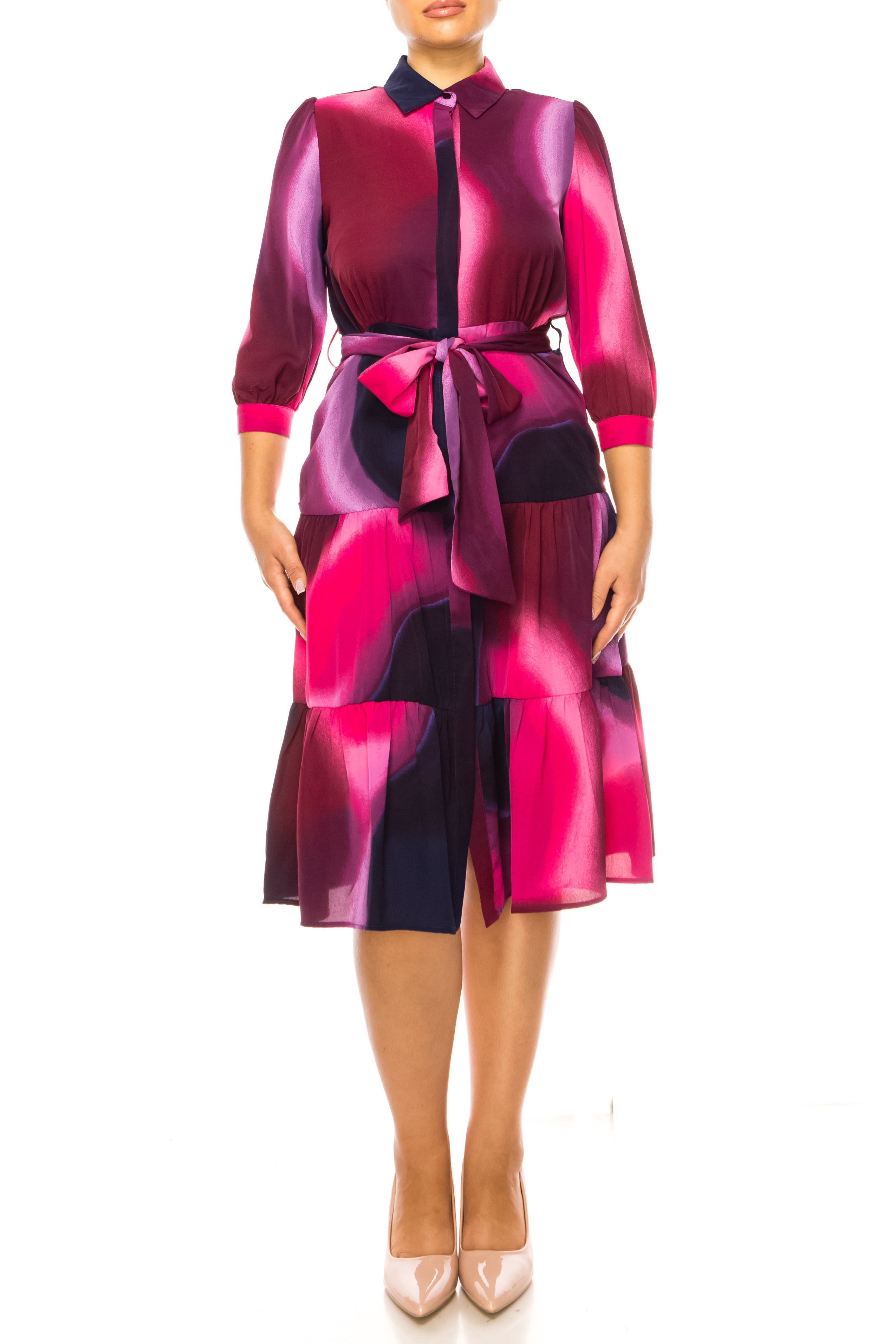 Nicole Miller MD3F1330H Fuchsia Abstract Print Belted Shirt Dress with Tiered Skirt
