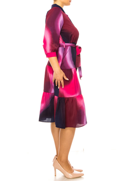 Nicole Miller MD3F1330H Fuchsia Abstract Print Belted Shirt Dress with Tiered Skirt