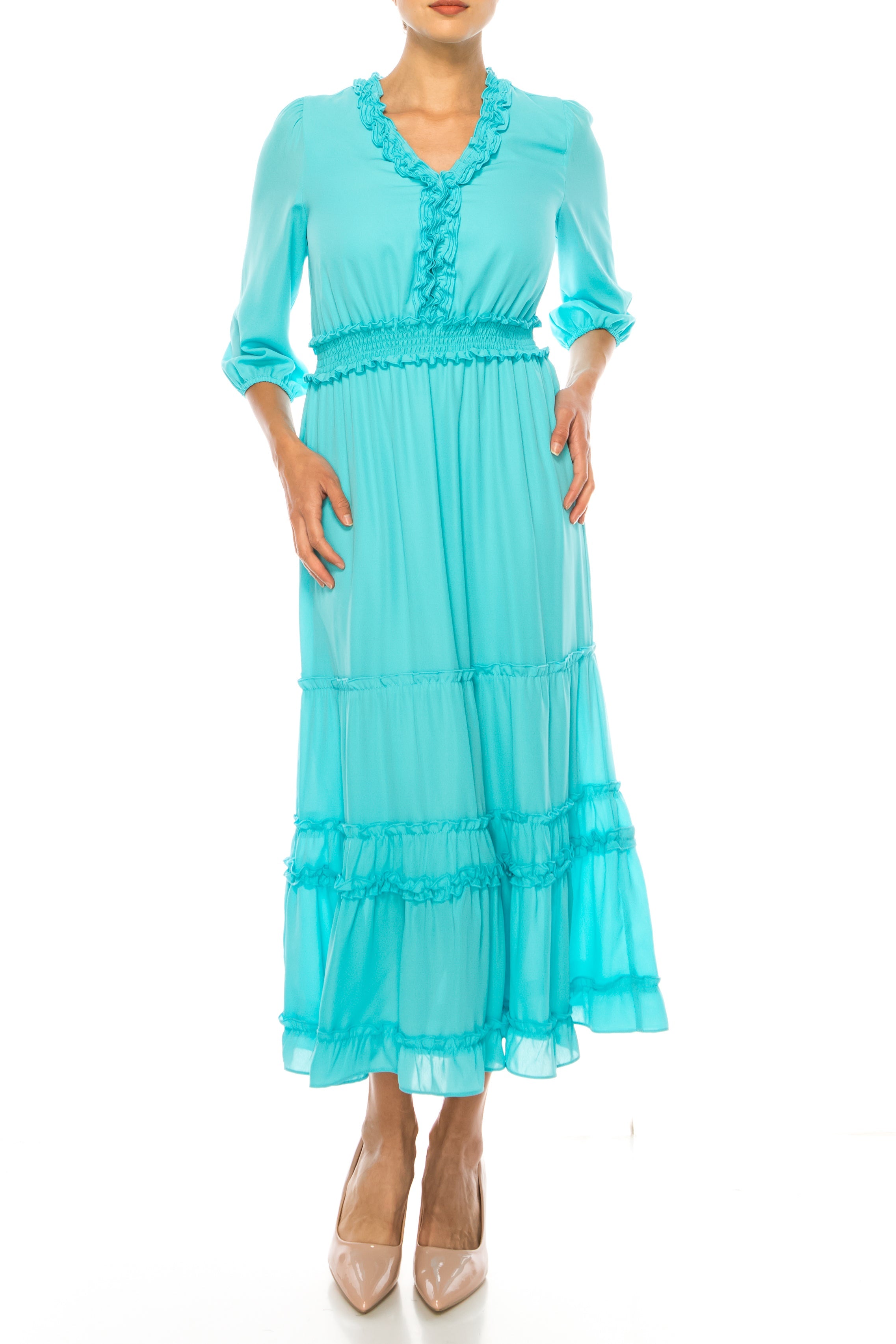 Nicole Miller MD4S1099A Capri V-Neck Smocked Waist Tiered Maxi Dress with Ruffle Detail