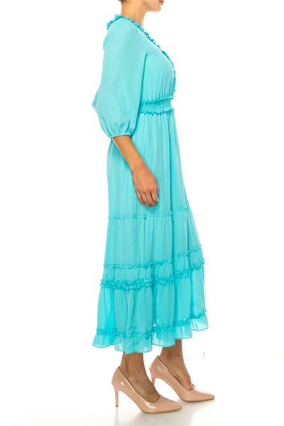 Nicole Miller MD4S1099A Capri V-Neck Smocked Waist Tiered Maxi Dress with Ruffle Detail