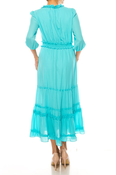 Nicole Miller MD4S1099A Capri V-Neck Smocked Waist Tiered Maxi Dress with Ruffle Detail