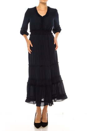 Nicole Miller MD4S1099A Deep Navy V-Neck Smocked Waist Tiered Maxi Dress with Ruffle Detail