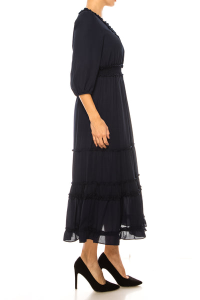 Nicole Miller MD4S1099A Deep Navy V-Neck Smocked Waist Tiered Maxi Dress with Ruffle Detail