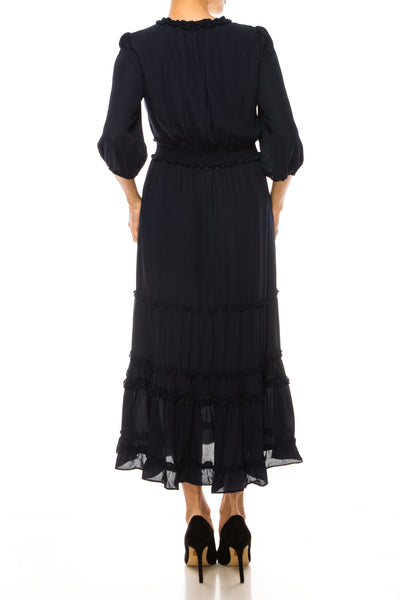 Nicole Miller MD4S1099A Deep Navy V-Neck Smocked Waist Tiered Maxi Dress with Ruffle Detail