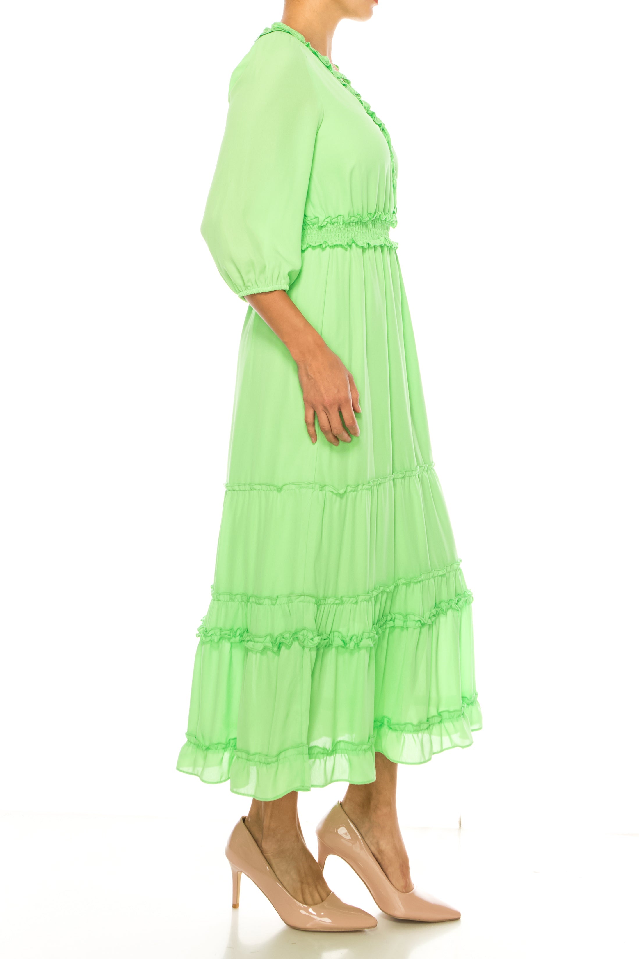 Nicole Miller MD4S1099A Summer Green V-Neck Smocked Waist Tiered Maxi Dress with Ruffle Detail
