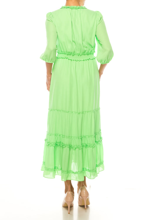 Nicole Miller MD4S1099A Summer Green V-Neck Smocked Waist Tiered Maxi Dress with Ruffle Detail