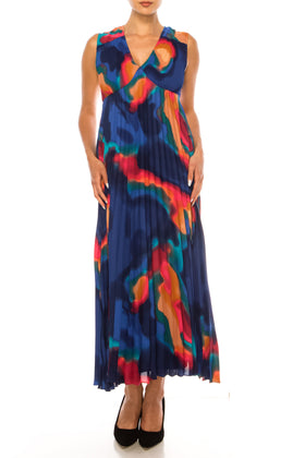 Nicole Miller MD4S1108K Multi Print Sleeveless Abstract Pleated V-Neck Maxi Dress