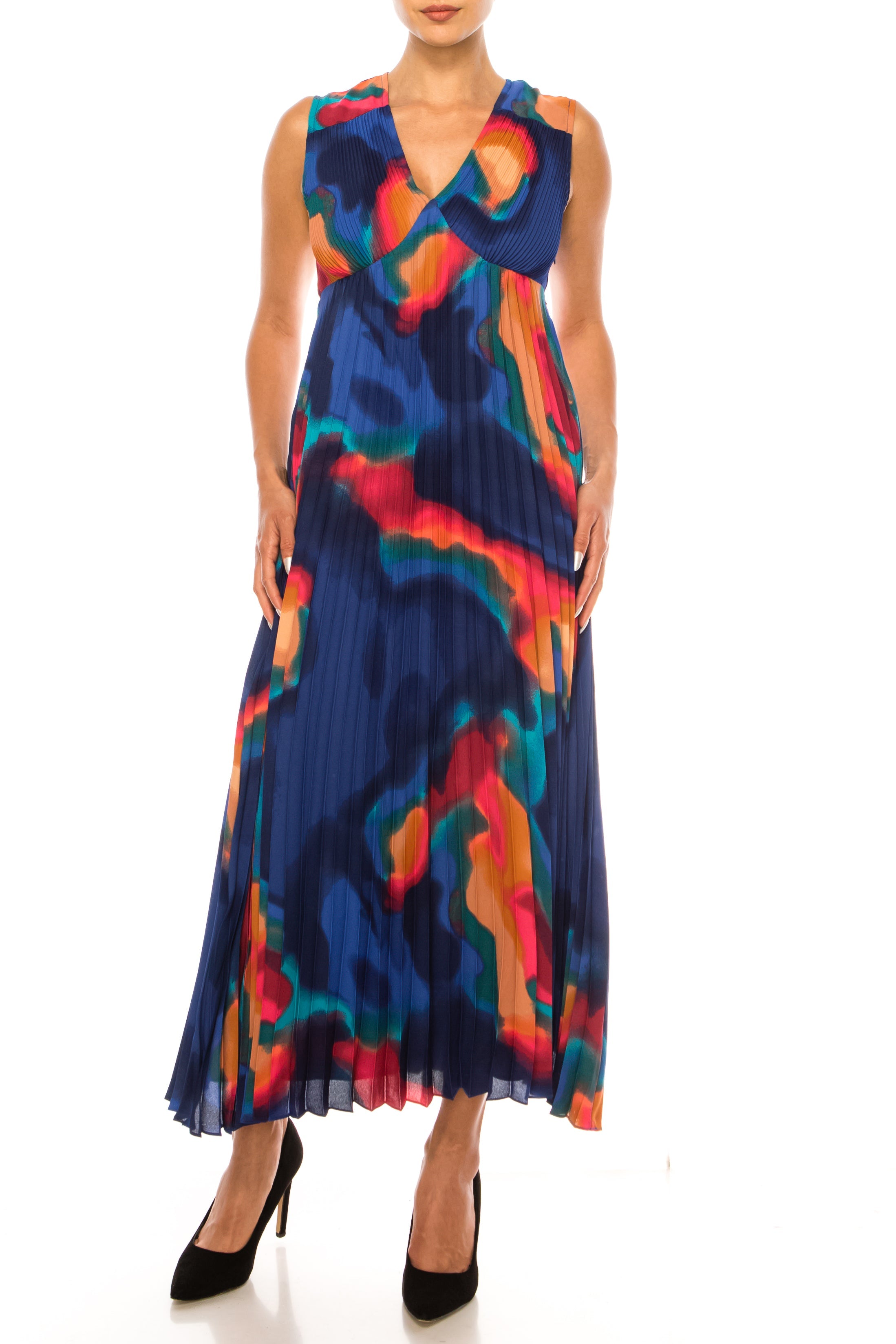 Nicole Miller MD4S1108K Multi Print Sleeveless Abstract Pleated V-Neck Maxi Dress