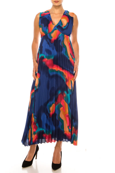 Nicole Miller MD4S1108K Multi Print Sleeveless Abstract Pleated V-Neck Maxi Dress