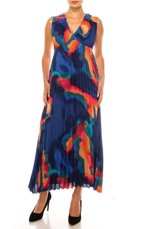 Nicole Miller MD4S1108K Multi Print Sleeveless Abstract Pleated V-Neck Maxi Dress