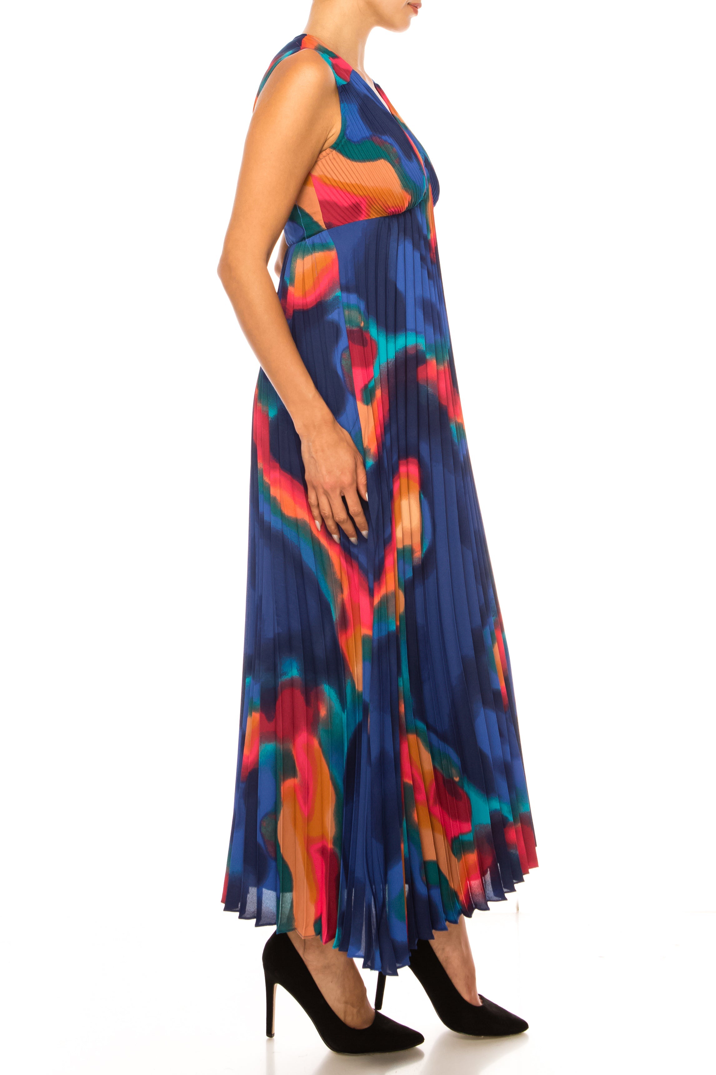 Nicole Miller MD4S1108K Multi Print Sleeveless Abstract Pleated V-Neck Maxi Dress