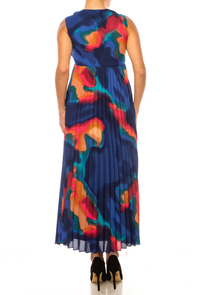 Nicole Miller MD4S1108K Multi Print Sleeveless Abstract Pleated V-Neck Maxi Dress