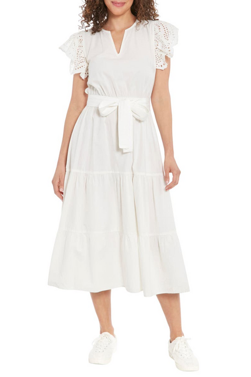 Nicole Miller MD4S1131K Brilliant White V-Neck Belted Tiered Dress with Eyelet Flutter Sleeves