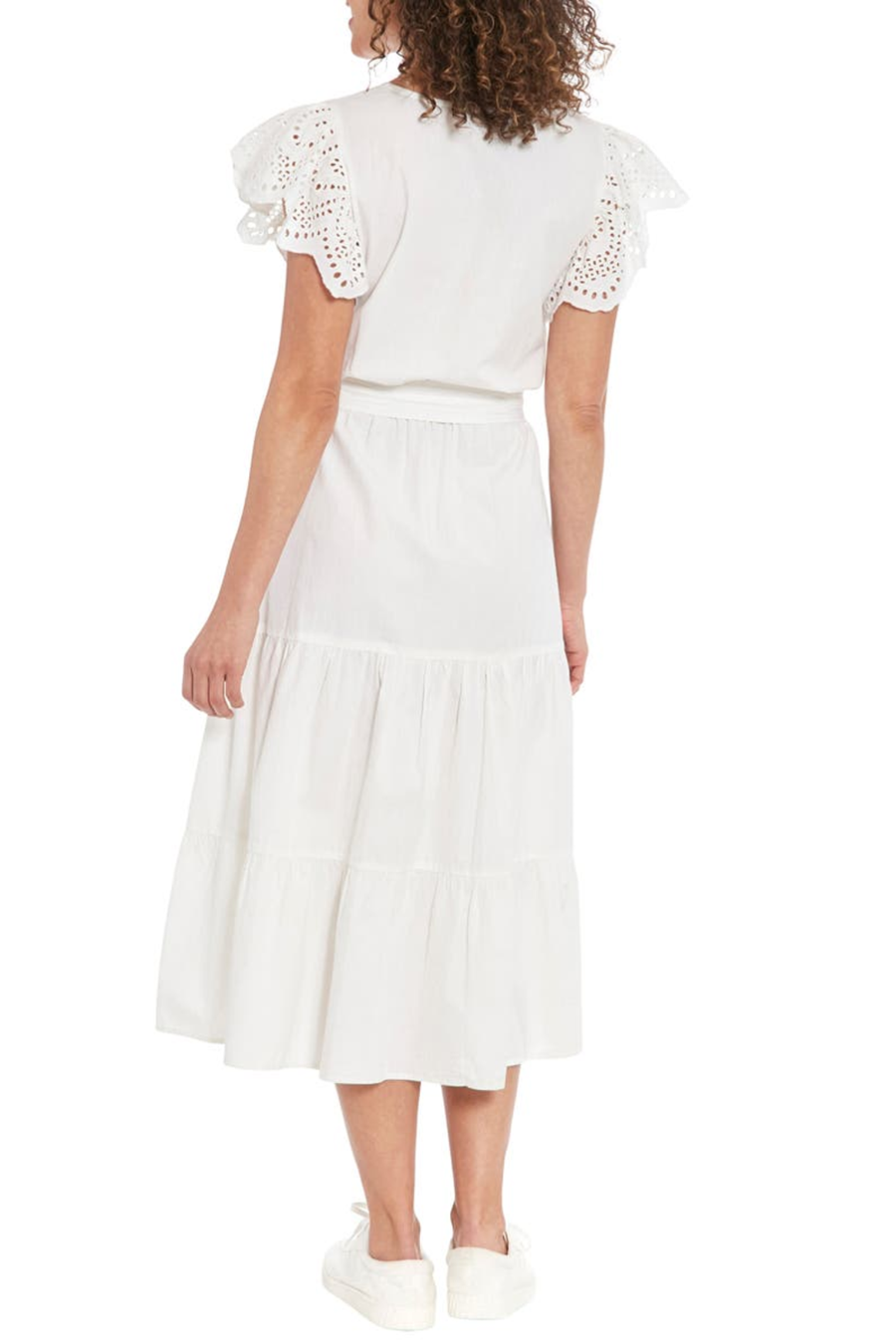 Nicole Miller MD4S1131K Brilliant White V-Neck Belted Tiered Dress with Eyelet Flutter Sleeves