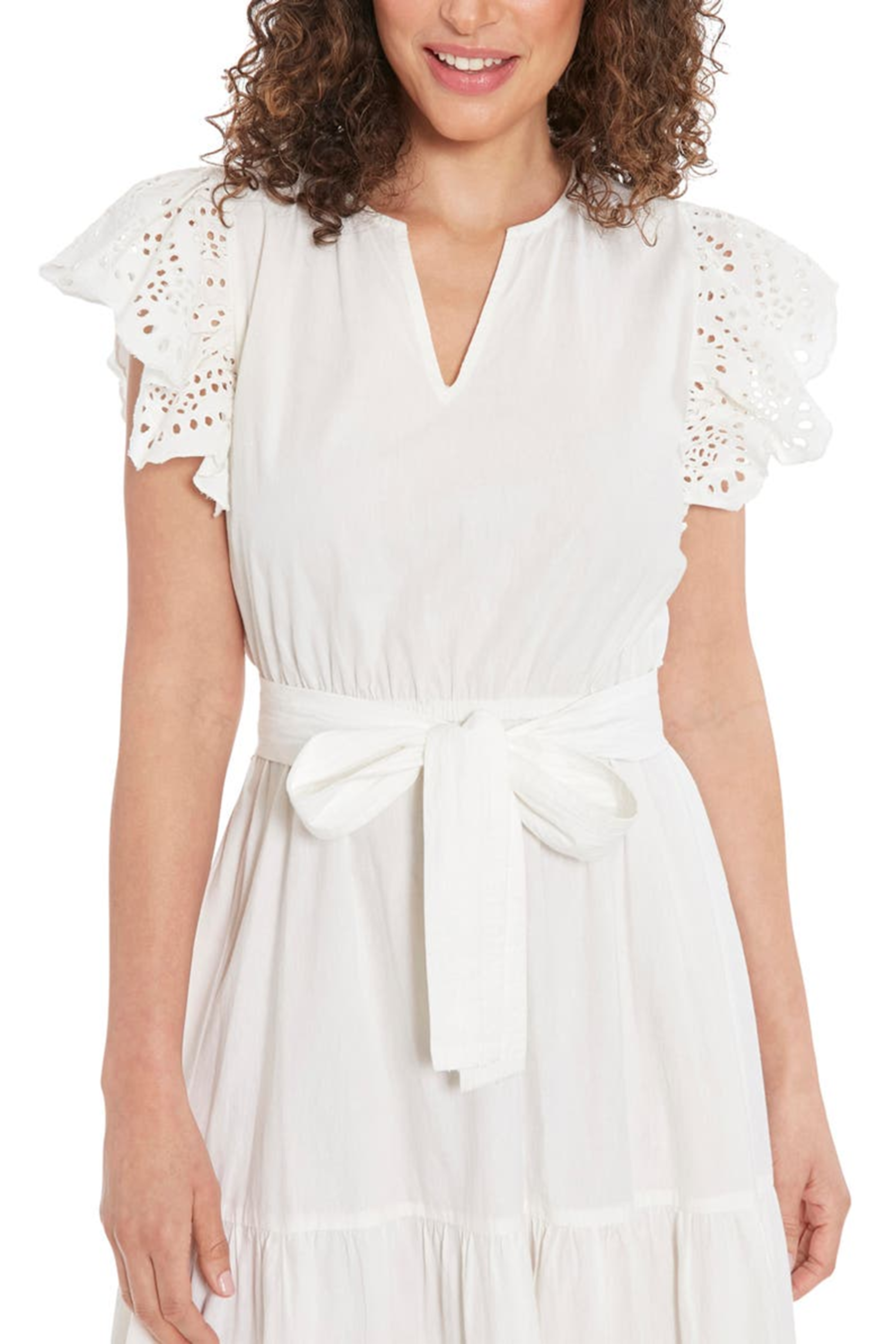 Nicole Miller MD4S1131K Brilliant White V-Neck Belted Tiered Dress with Eyelet Flutter Sleeves