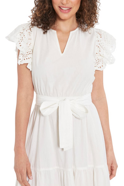 Nicole Miller MD4S1131K Brilliant White V-Neck Belted Tiered Dress with Eyelet Flutter Sleeves