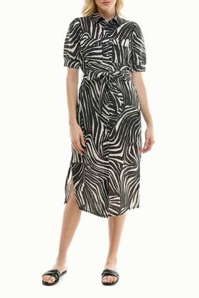 Nicole Miller MD4S19G1N Warm Sand Printed Belted Midi Shirt Dress with Side Slits