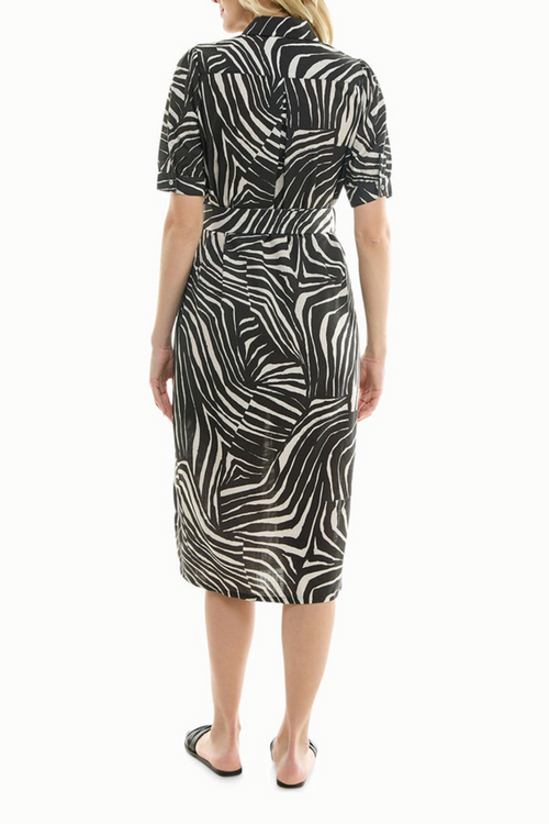 Nicole Miller MD4S19G1N Warm Sand Printed Belted Midi Shirt Dress with Side Slits
