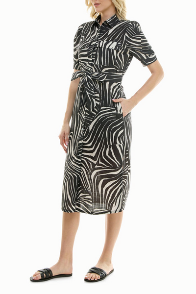 Nicole Miller MD4S19G1N Warm Sand Printed Belted Midi Shirt Dress with Side Slits
