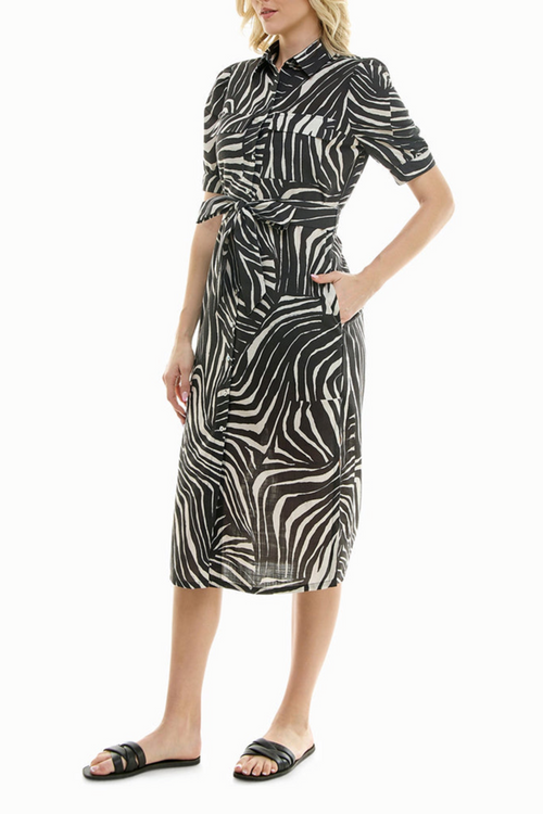 Nicole Miller MD4S19G1N Warm Sand Printed Belted Midi Shirt Dress with Side Slits