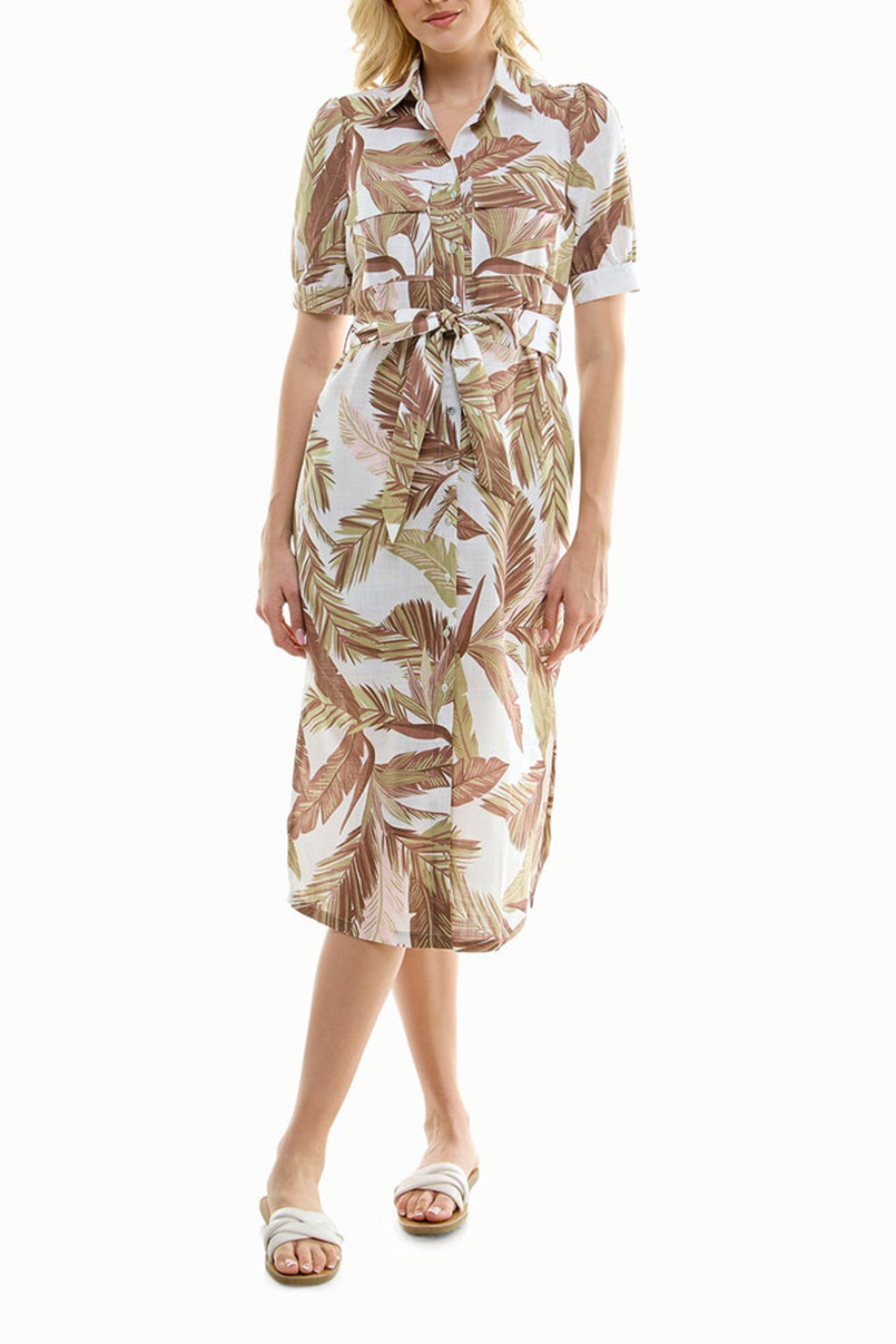 Nicole Miller MD4S19G1N White Print Printed Belted Midi Shirt Dress