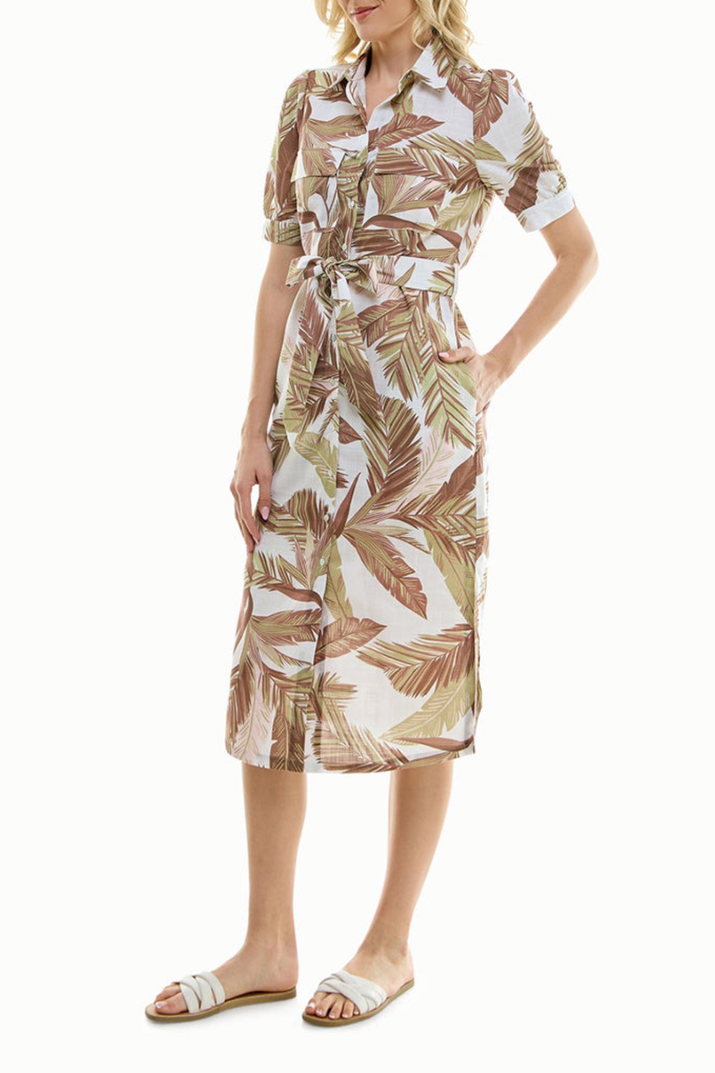 Nicole Miller MD4S19G1N White Print Printed Belted Midi Shirt Dress with Side Slits
