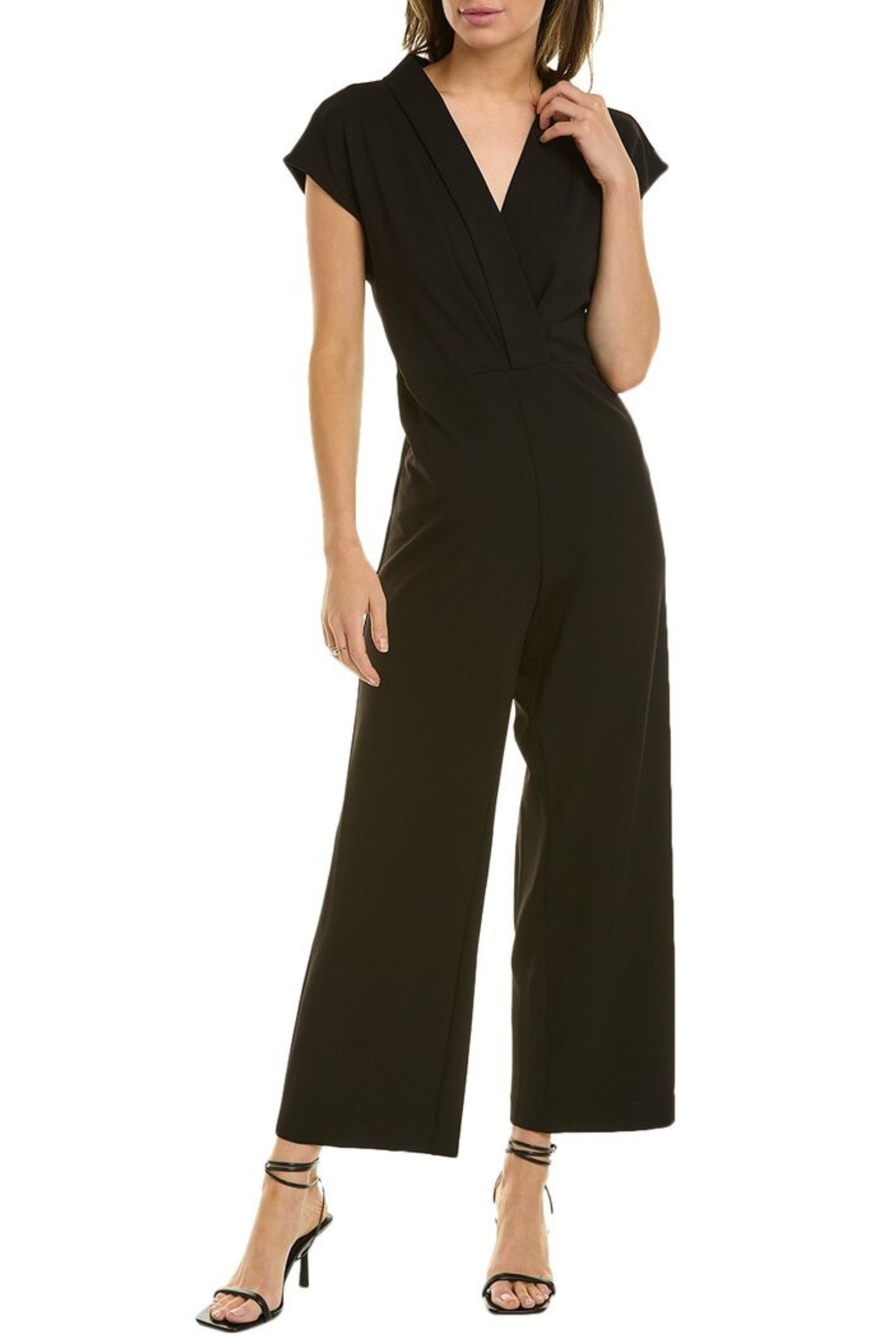 Nicole Miller MU3S11208 Very Black Faux Wrap Cap Sleeve Wide Leg Jumpsuit