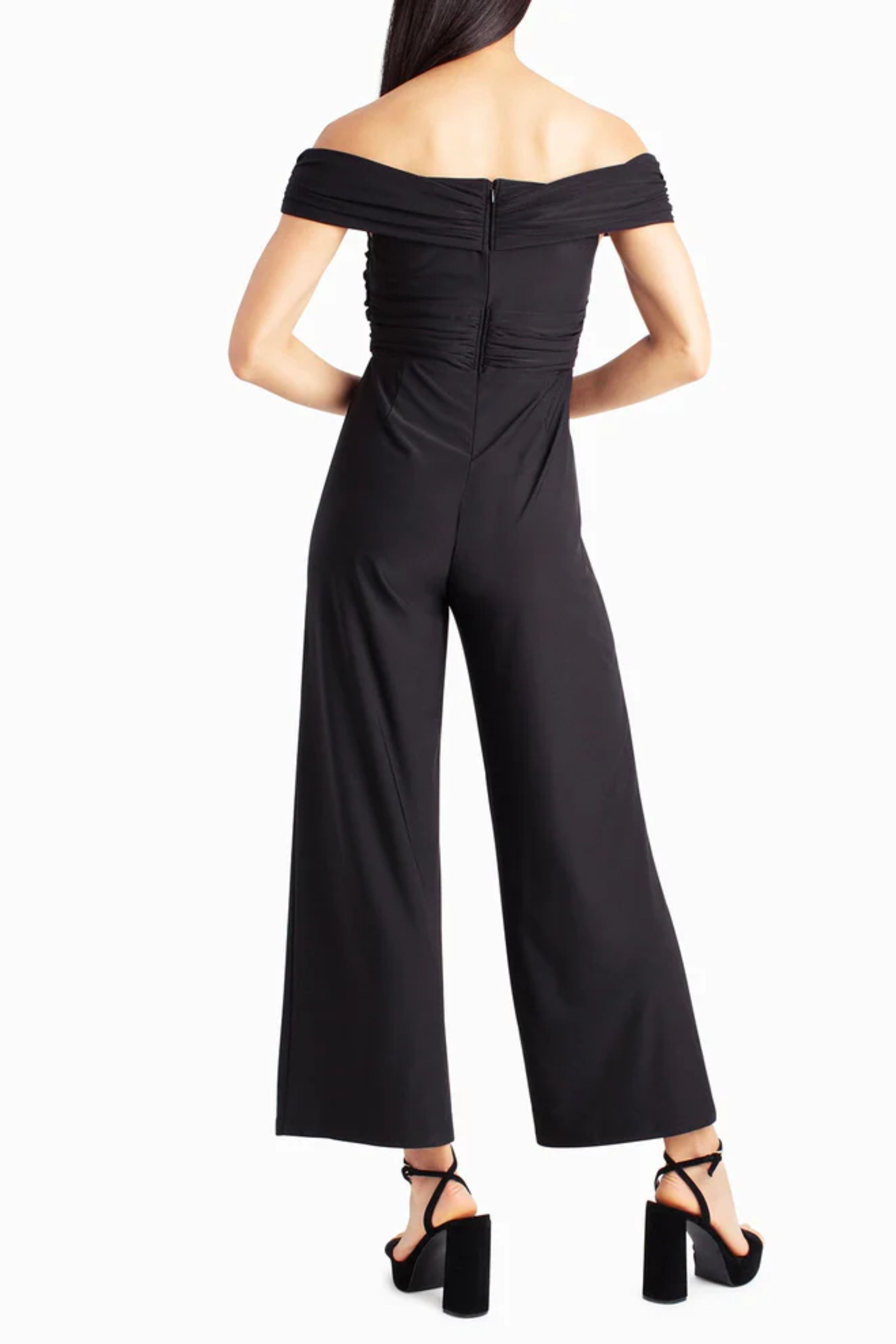 Nicole Miller MU3S14106 Black Off-the-Shoulder Ruched Bodice Wide Leg Jumpsuit